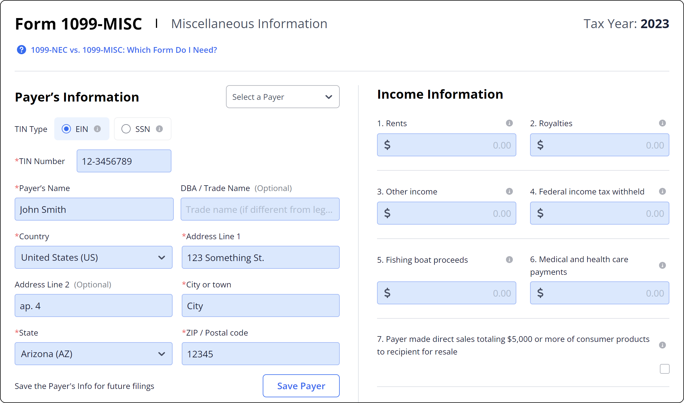 Form 1099-MISC filing online step 1